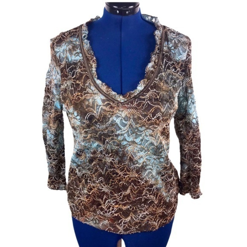 Tribal XL blue brown‎ v neck 3/4 length sleeve stretch lace layered top